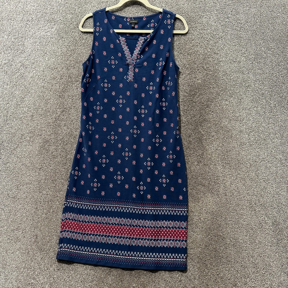 Talbots Shift Dress Womens Medium Blue Geometric Cotton Knit Sleeveless Coastal